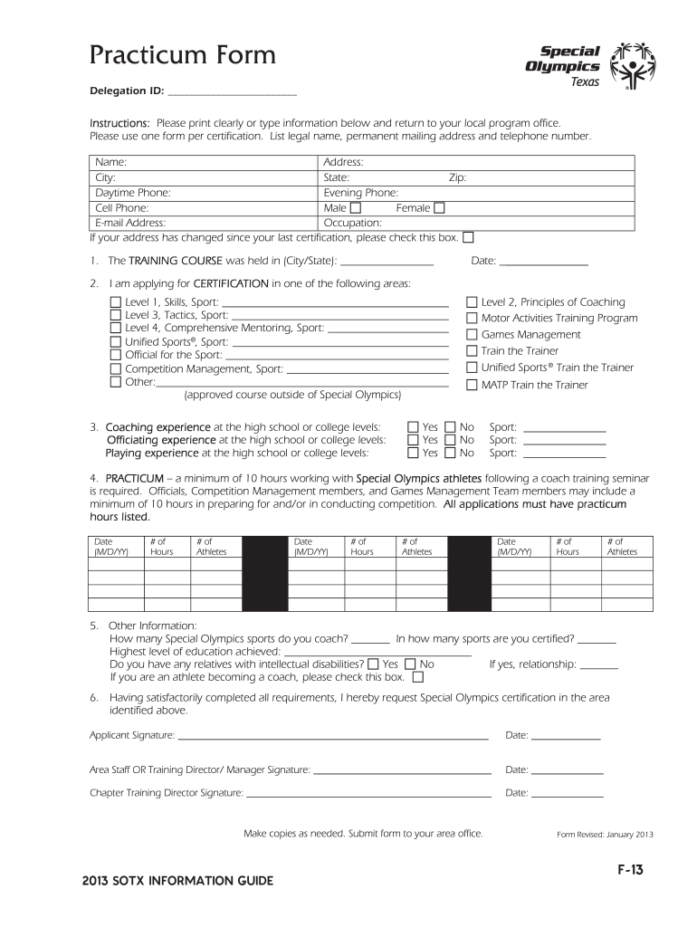  Practicum Form Application for Sports Training Certification  Sotx 2013-2024