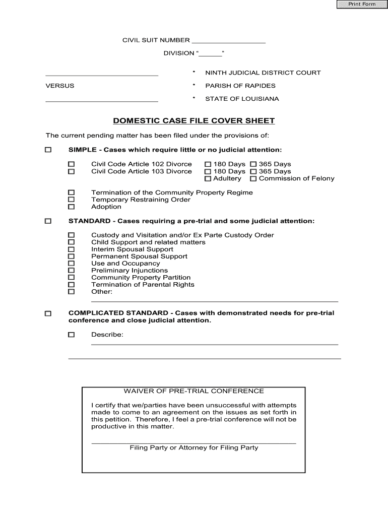 DOMESTIC CASE FILE COVER SHEET  9th Judicial District Court  9thjdc  Form
