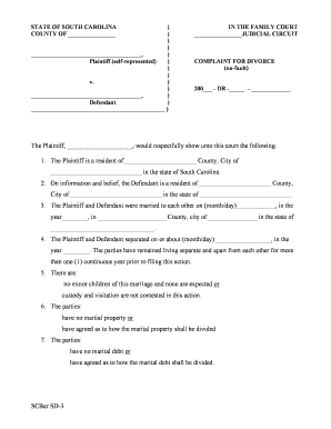 Complaint for Divorce Scbar Sd 3  Form