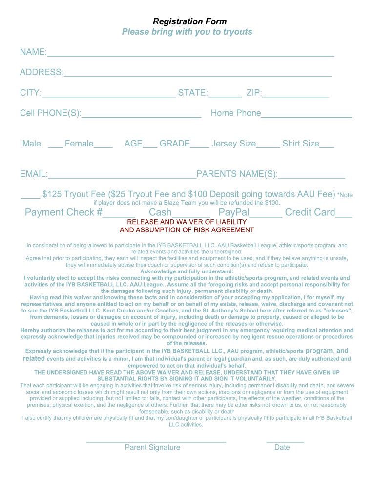 IYB Spring AAU Tryout Waiver IYB Basketball  Form