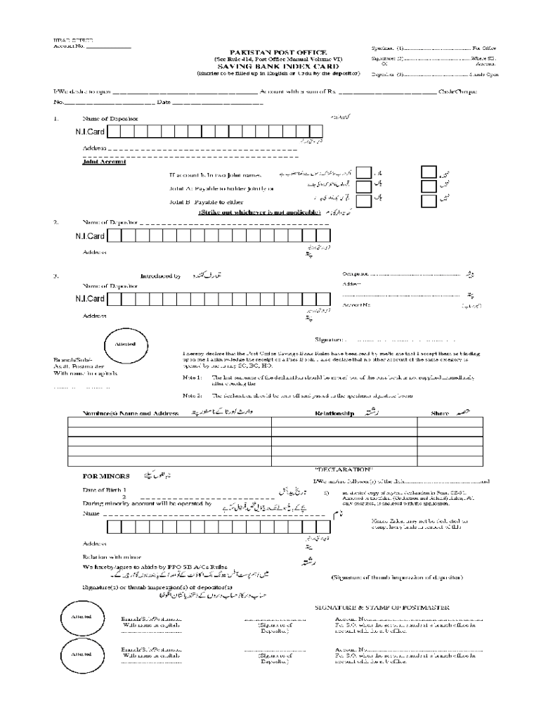 Saving Bank Index Card Pakistan Post  Form