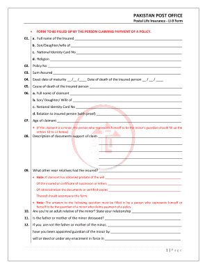 Postal Life Insurance Death Claim Form Pakistan