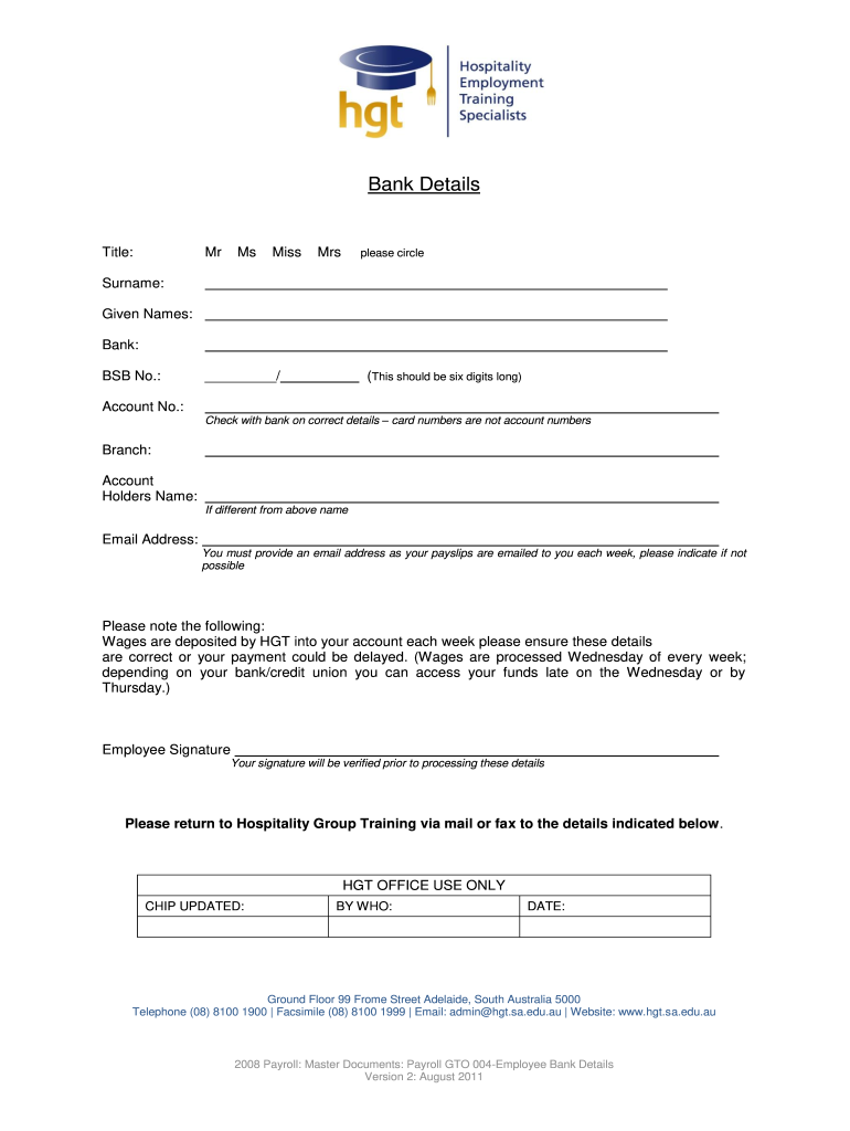 Get and Sign Employee Bank Details Form  Hospitality Group Training 2011-2022