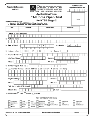 Application Form All India Open Test for NTSE Stage 2 DLPD Dlpd Resonance Ac