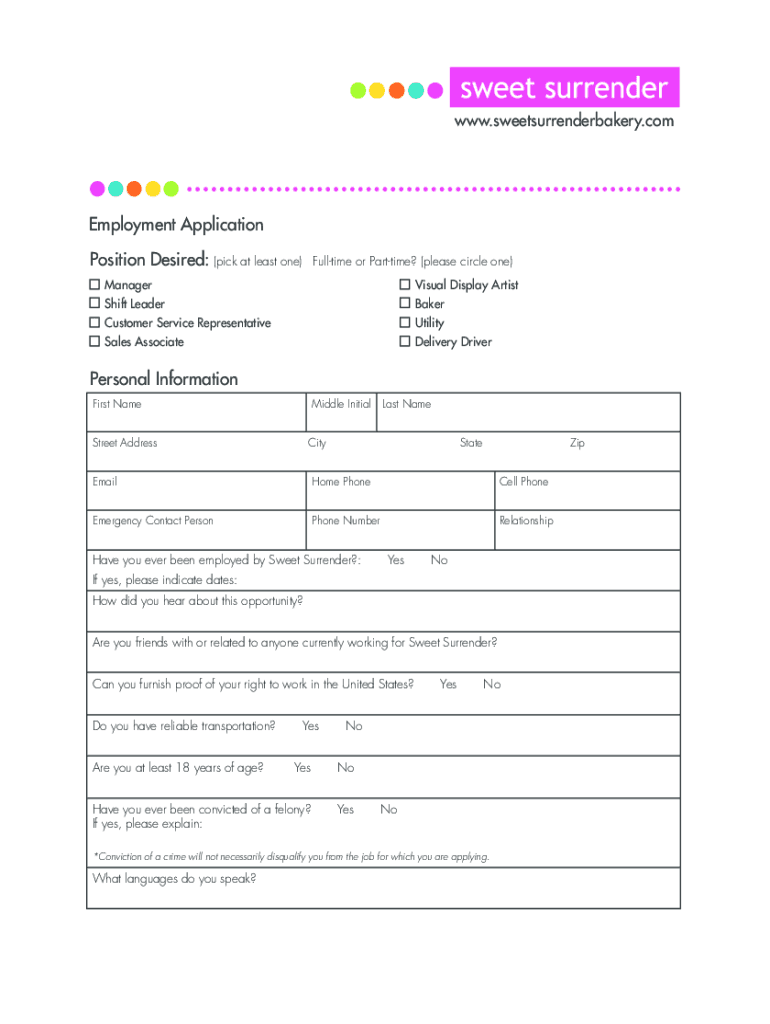 Sweet Surrender Job Application  Form