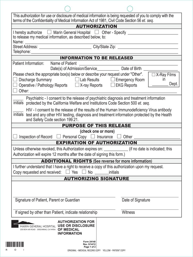 Marin General Hospital Medical Records  Form