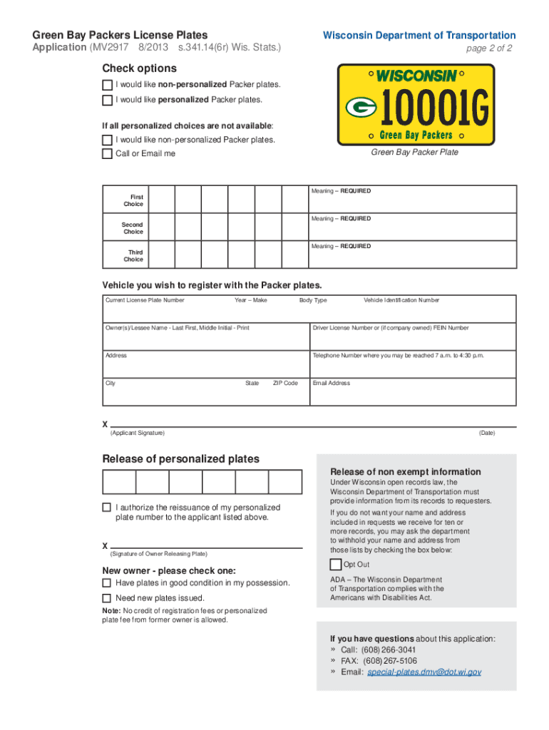 MV2917 Green Bay Packer License Plates Information and Application  Dot Wi