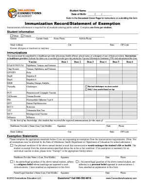 Immunization RecordStatement of Exemption Connections Academy  Form