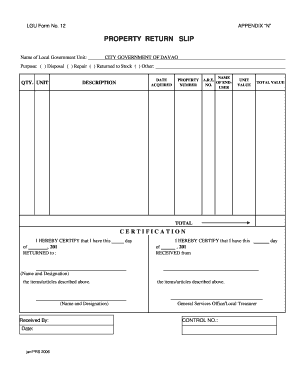 Property Return Slip Form Coa