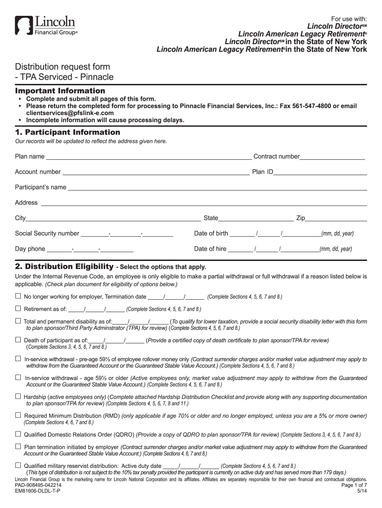  Lincoln Distribution Form PDF Pinnacle Financial Services 2014-2024