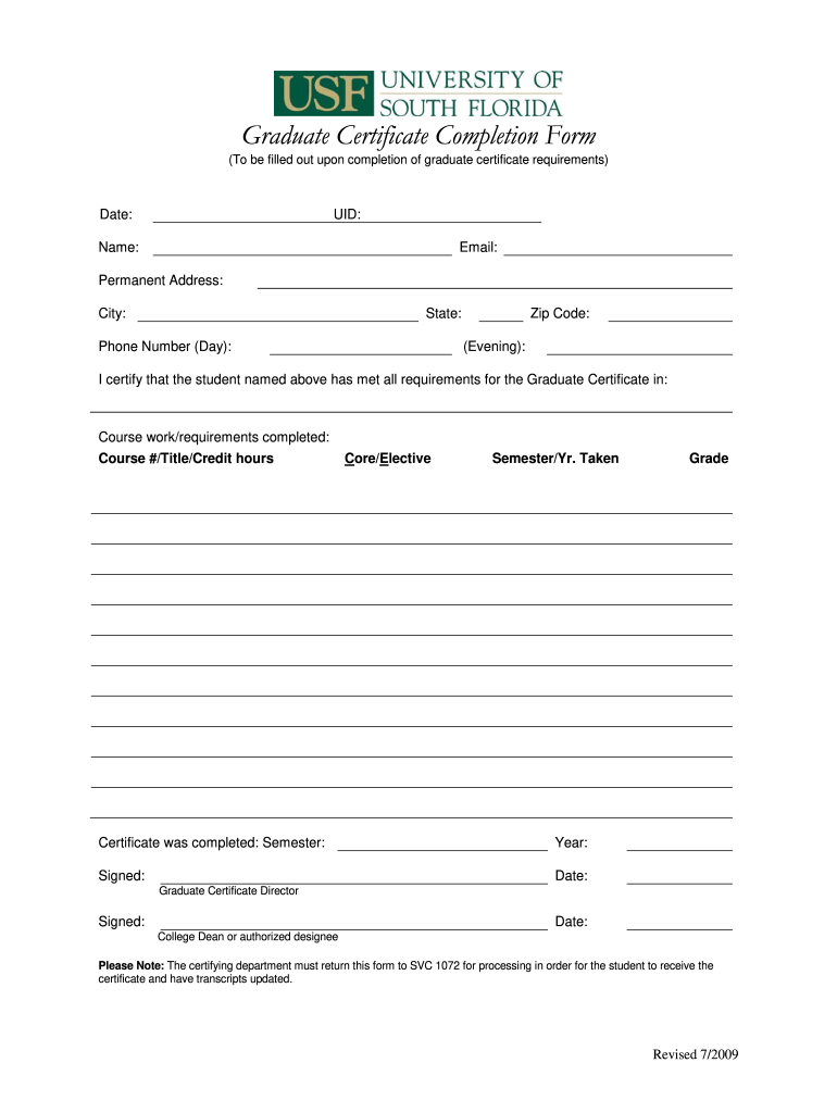 Get and Sign Graduate Certificate Completion Form  USF College of Education  Coedu Usf 2009