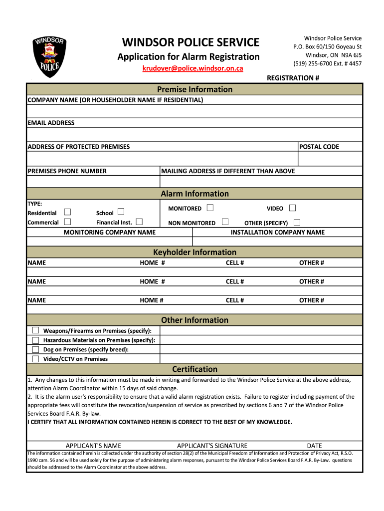 Alarm Registration Windsor  Form