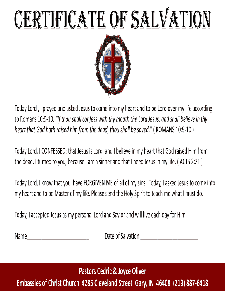 Salvation Certificate  Form