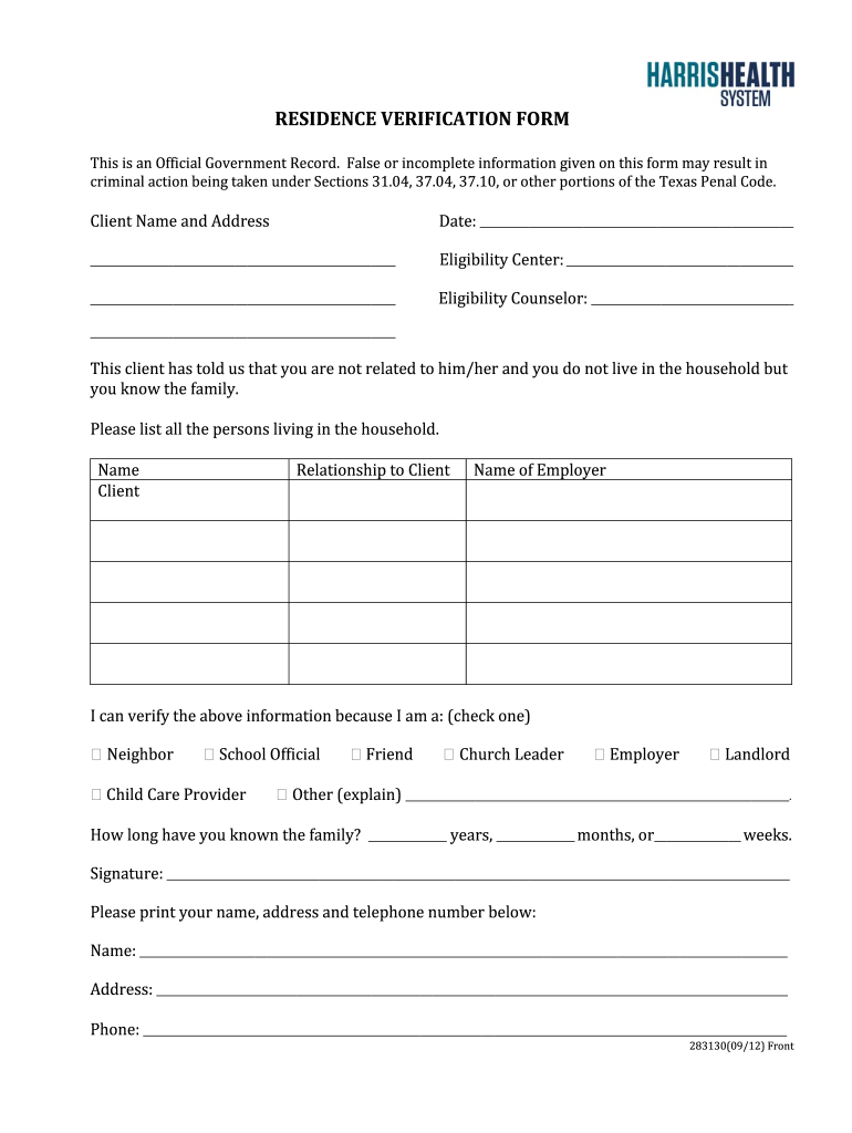  Resident Verification Form Sample 2012