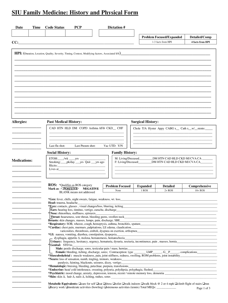 History and Physical Template  Form