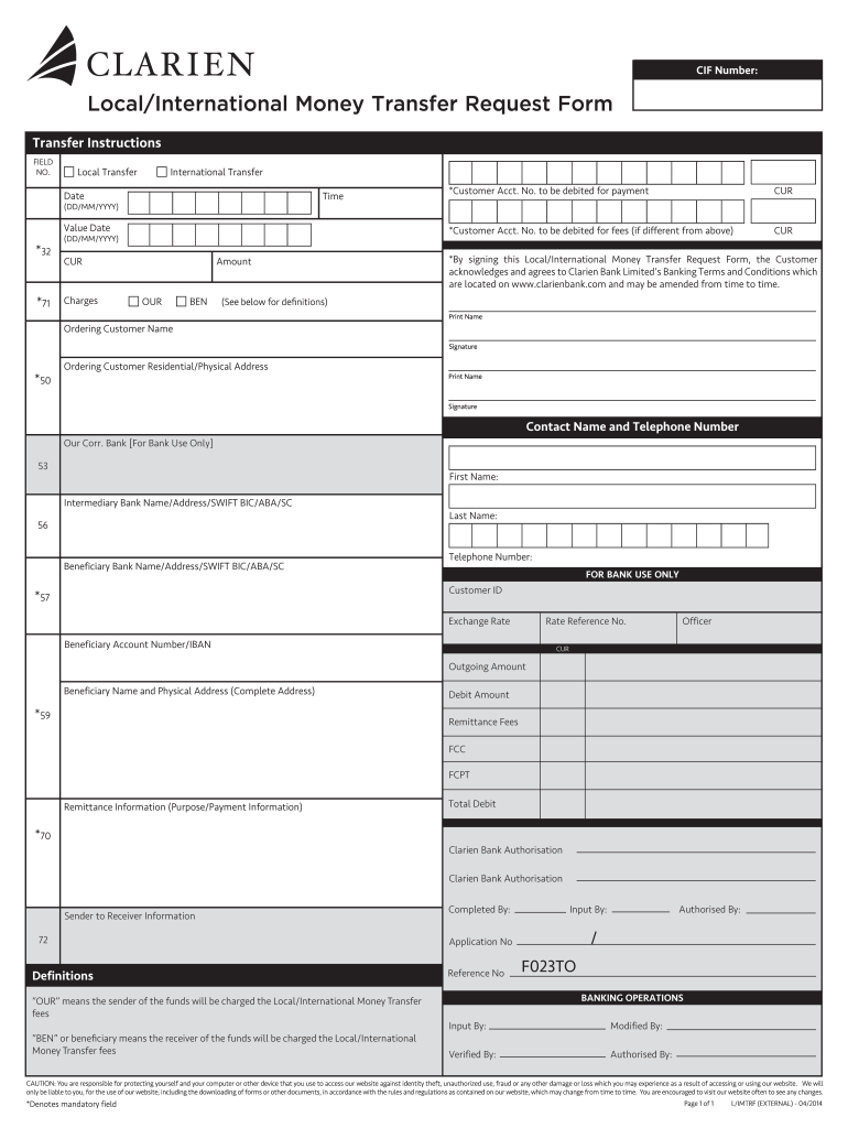  LocalInternational Money Transfer Request Form Clarien Bank 2014