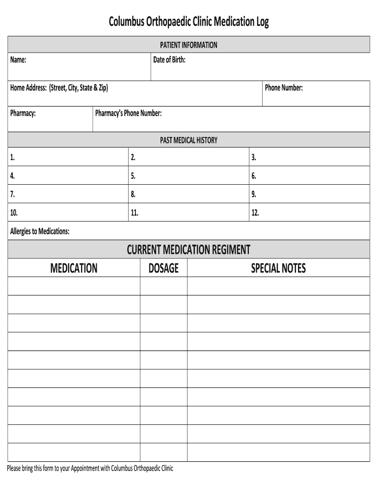 Columbus Orthopaedic Clinic Medication Log  Form