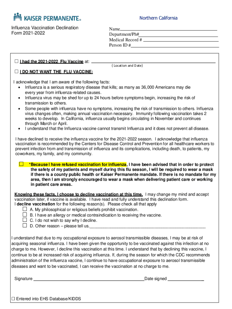  CA Kaiser Permanente Influenza Vaccination Declination Form 2021-2024