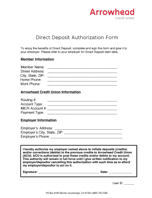 Arrowhead Credit Union Direct Deposit Form