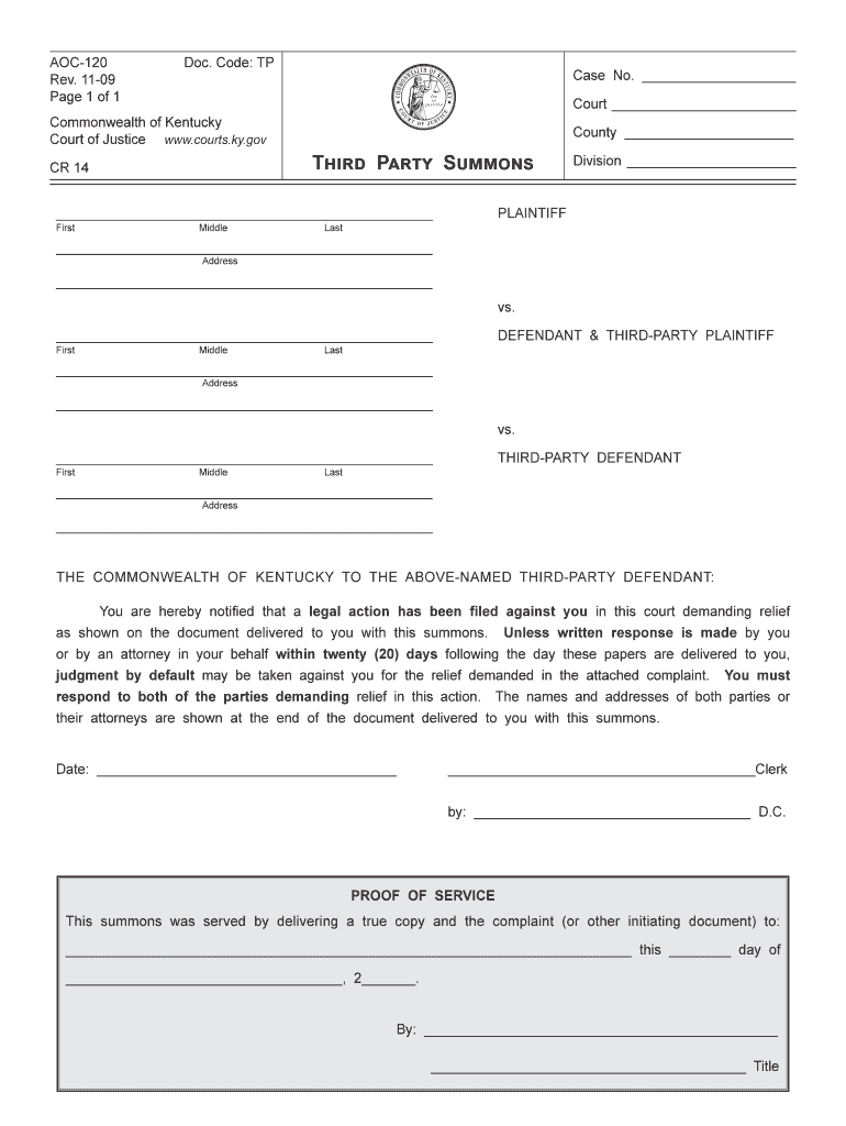  Kentucky Third Party Summons 2009-2024