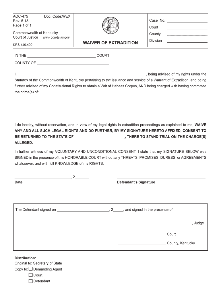  Kentucky Waiver Extradition Form 2018-2024