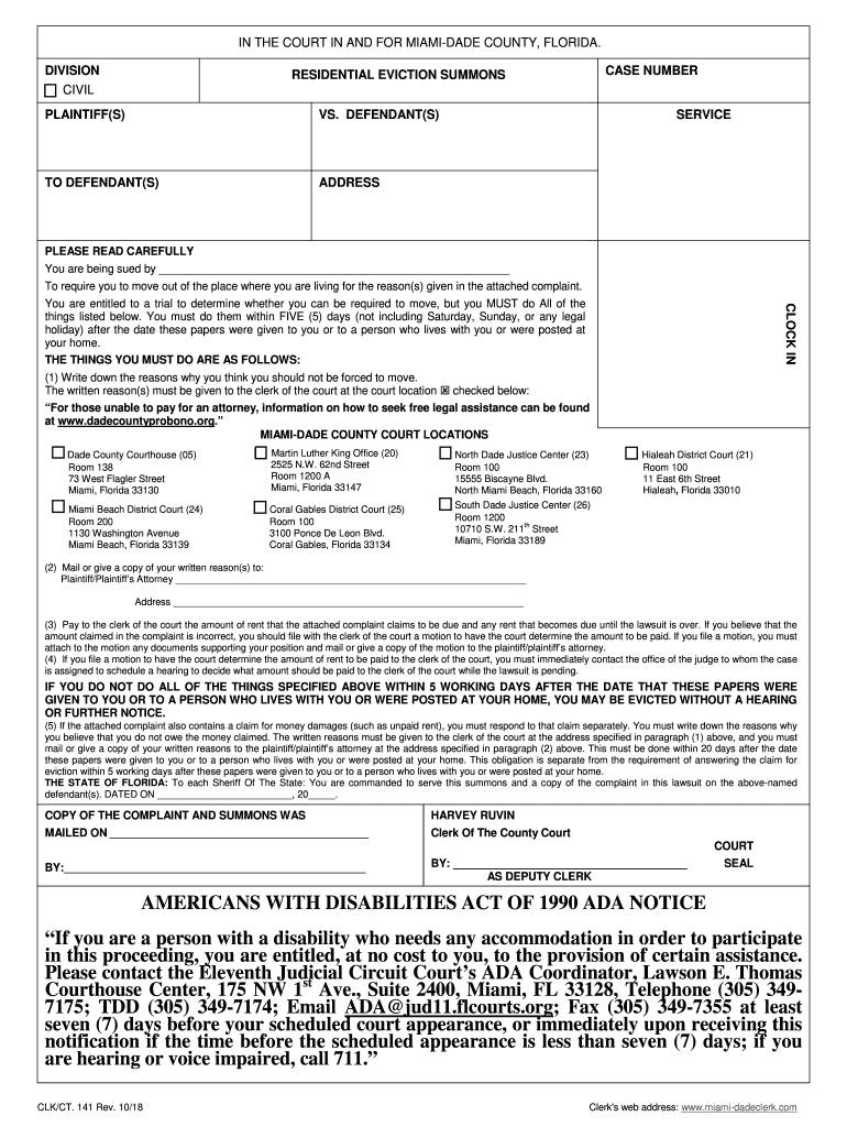  Miami Dade Eviction Summons 2018