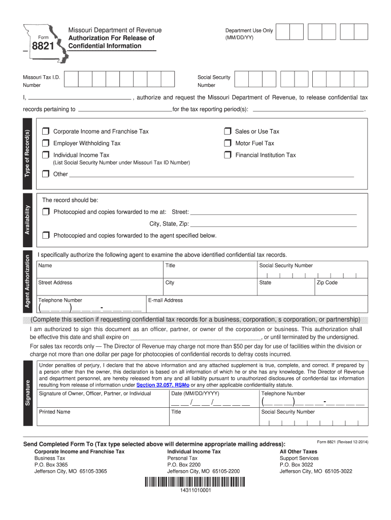 Form 8821 Authorization for Release of Confidential Information