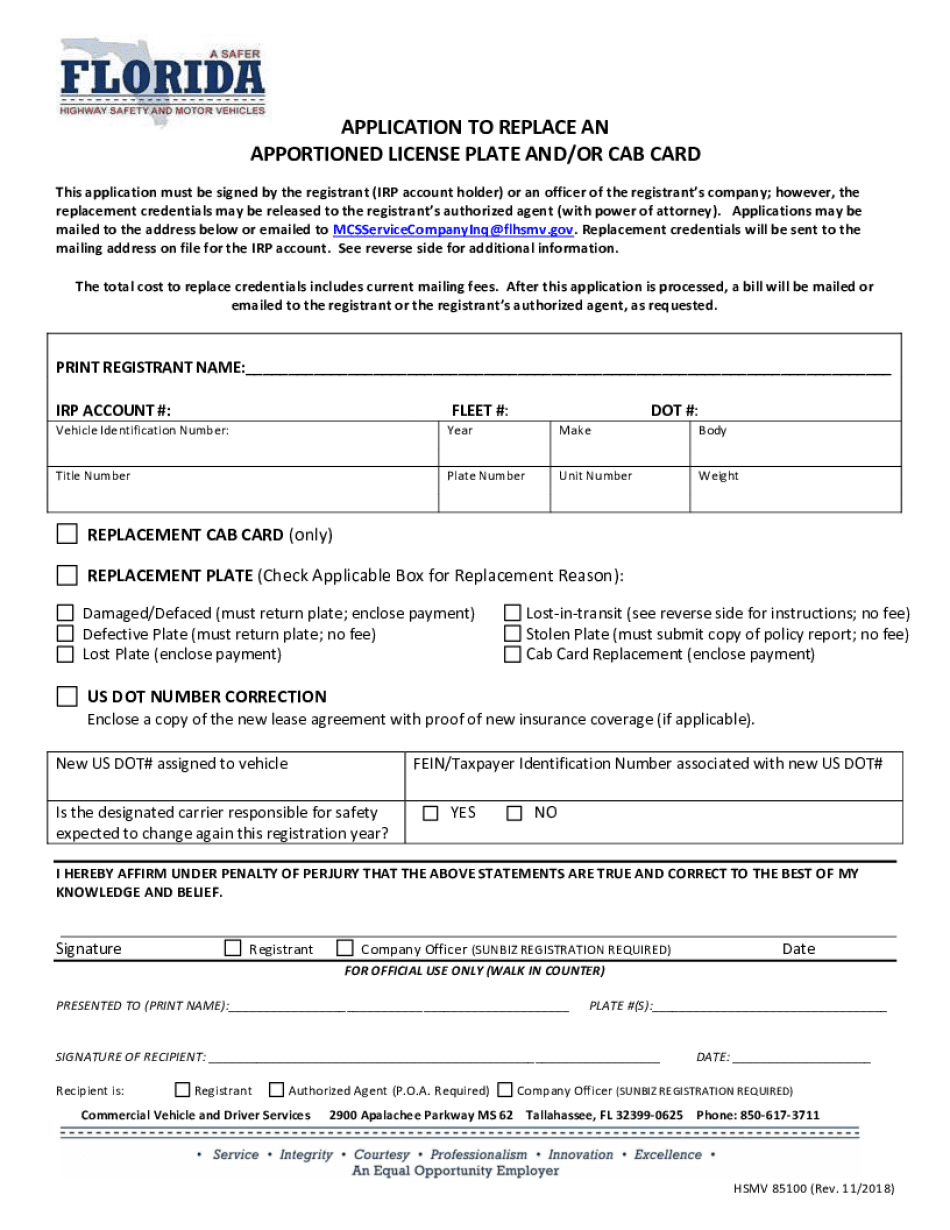  APPORTIONED LICENSE PLATE ANDOR CAB CARD 2018