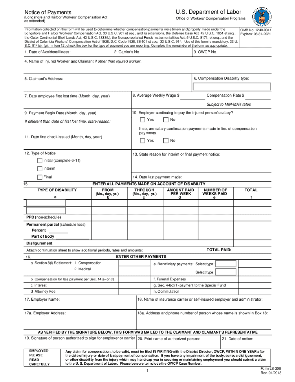 LS 208 US Department of Labor  Form
