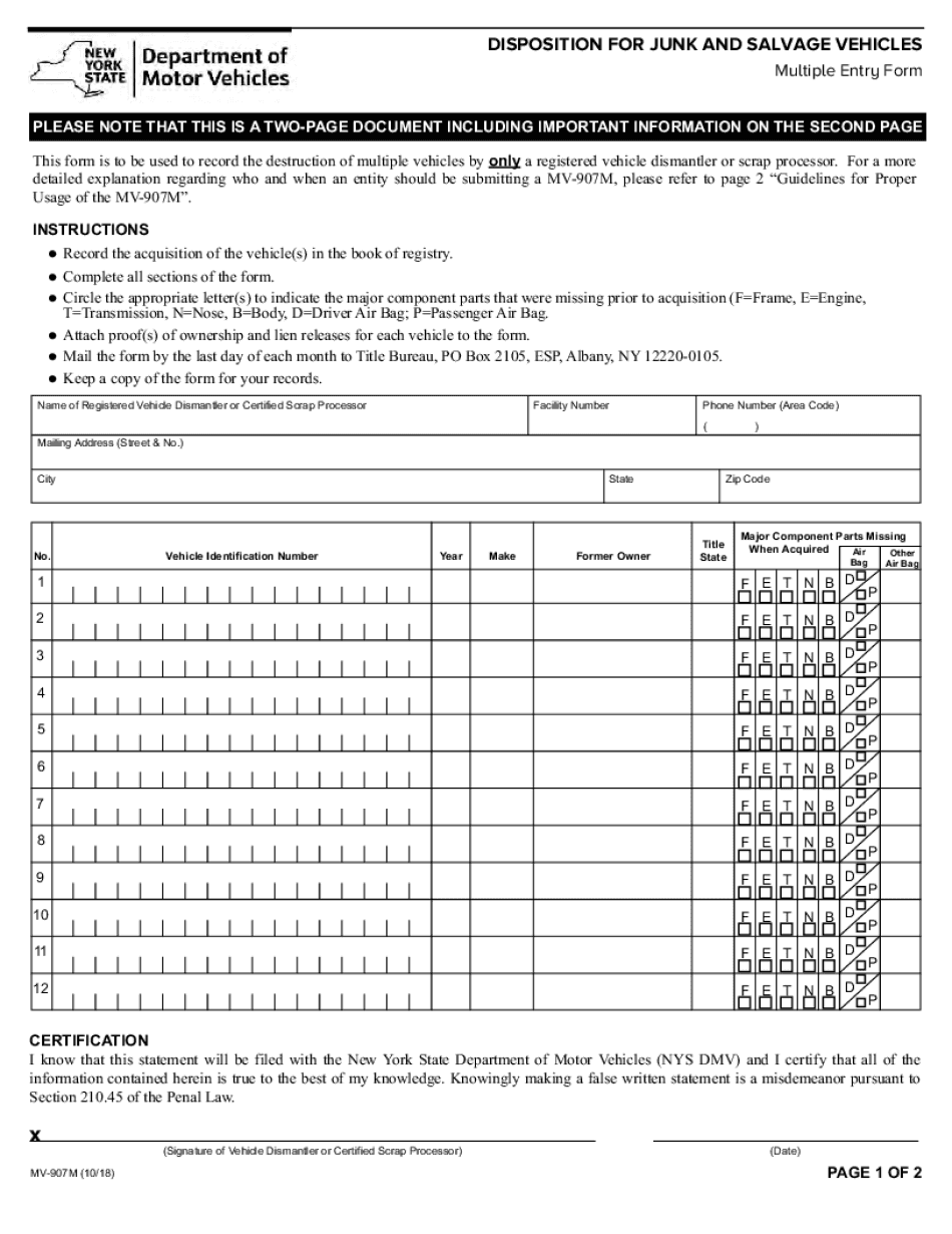 Disposition for Junk and Salvage Vehicles MV 907M 1018  Form