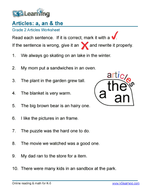 Articles Worksheet for Grade 2  Form