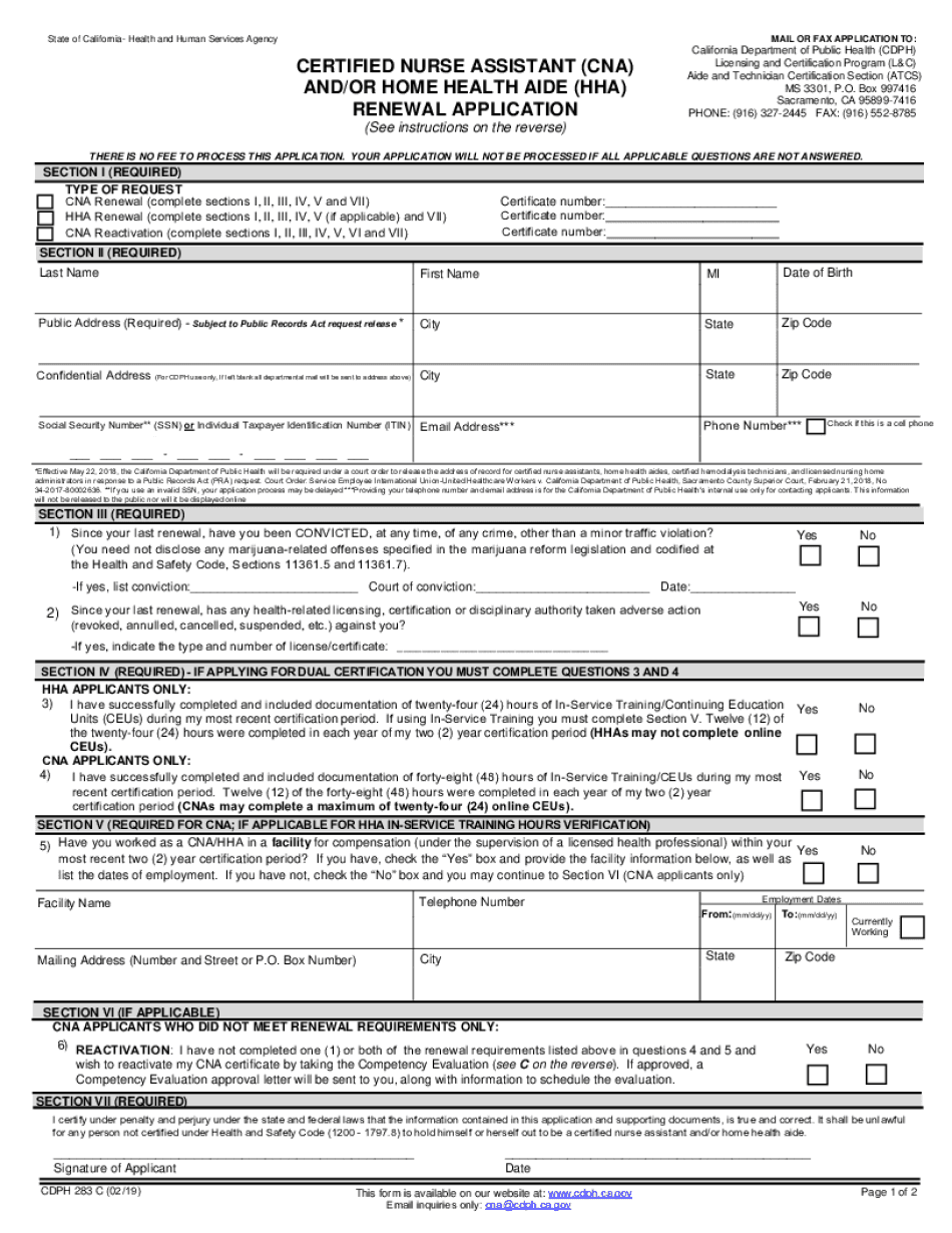  Certified Nurse Assistant and or Home Health Aide Renewal Application CDPH 283 C 2019-2024