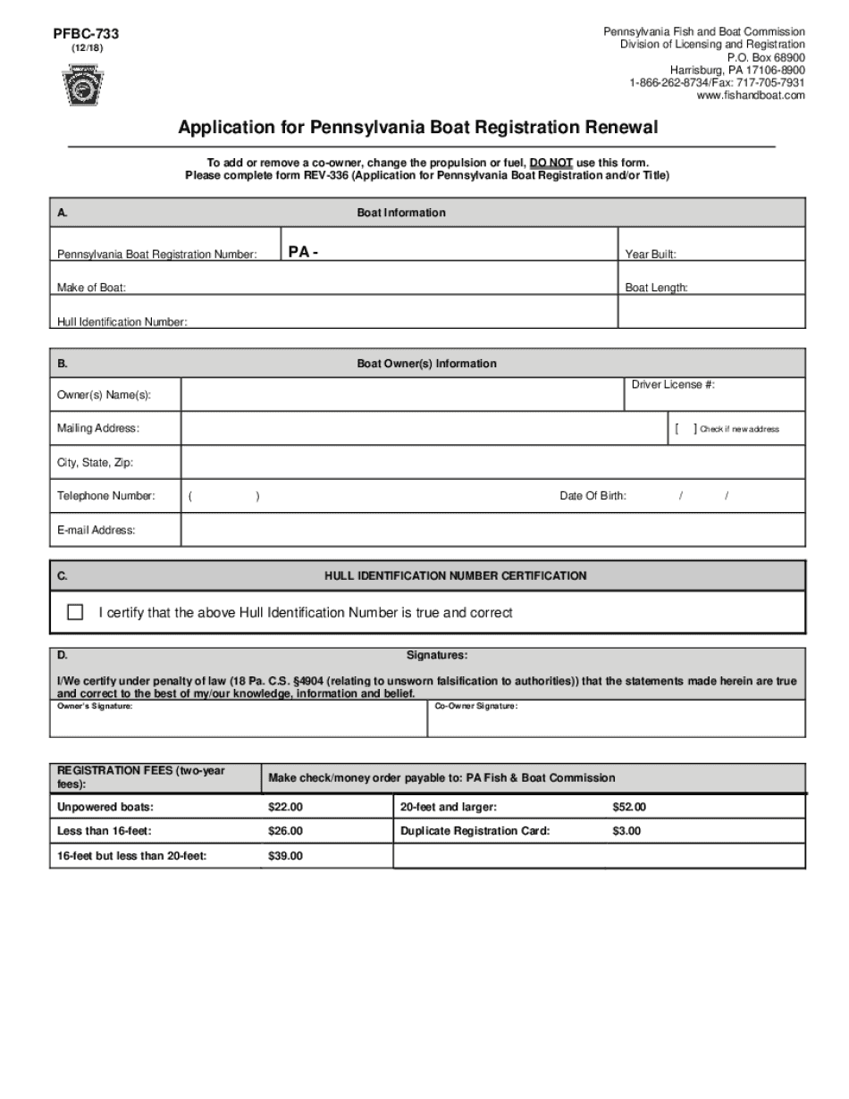 Application for Pennsylvania Boat Registration Renewal  Form