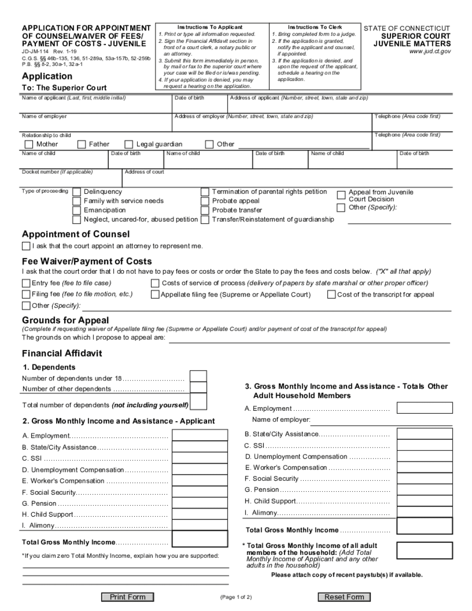  APPLICATION for APPOINTMENT of COUNSELWAIVER of FEESPAYMENT of COSTS JUVENILE 2019