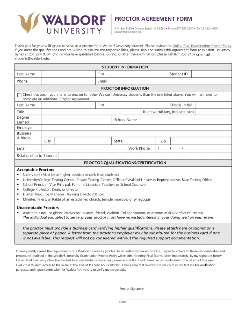  Waldorf University Proctor Agreement Form 2017-2024