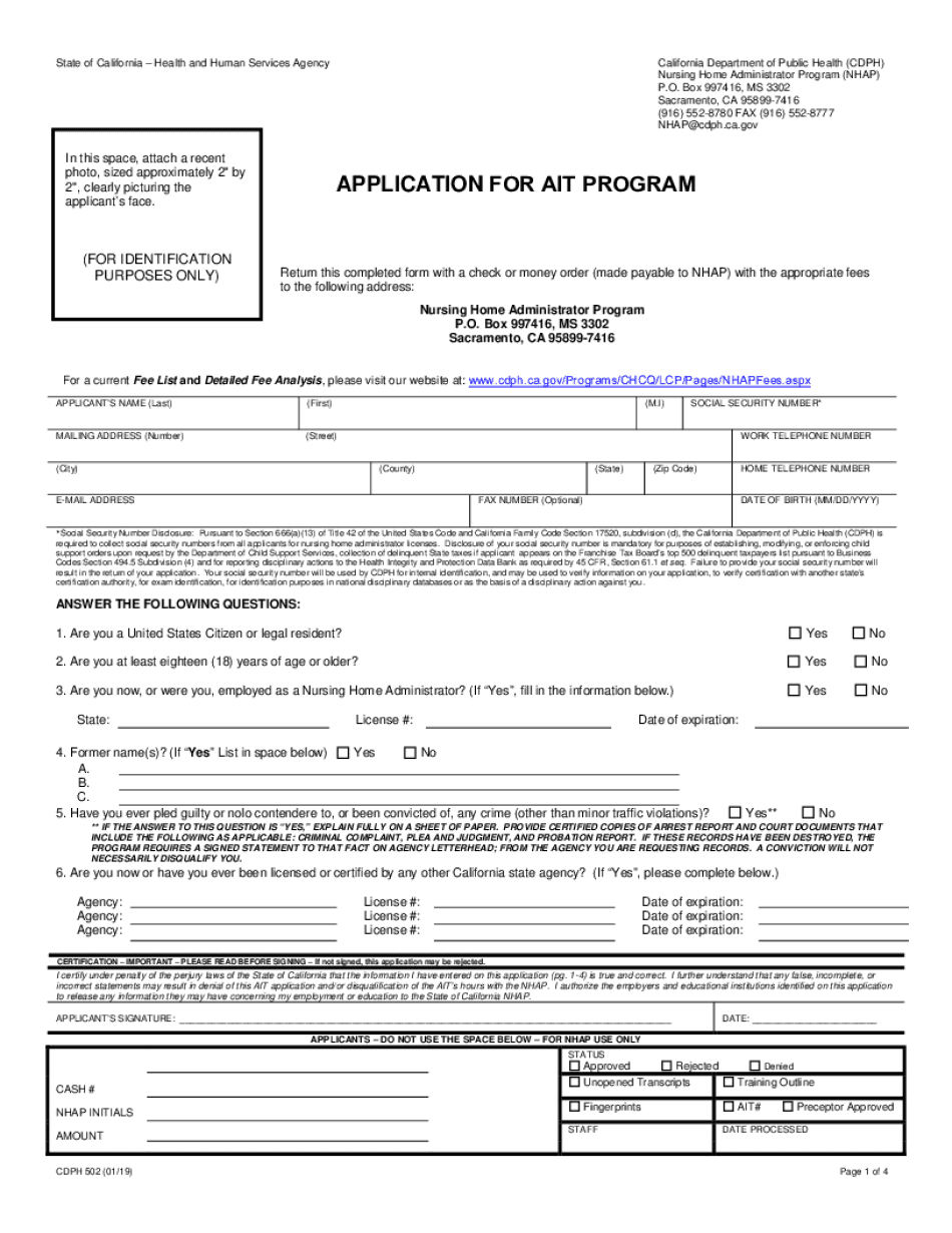  CDPH 502 Application for AIT Program California Department of 2019-2024