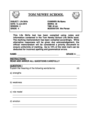 Grade 6 Life Skills Exam Papers and Memos  Form