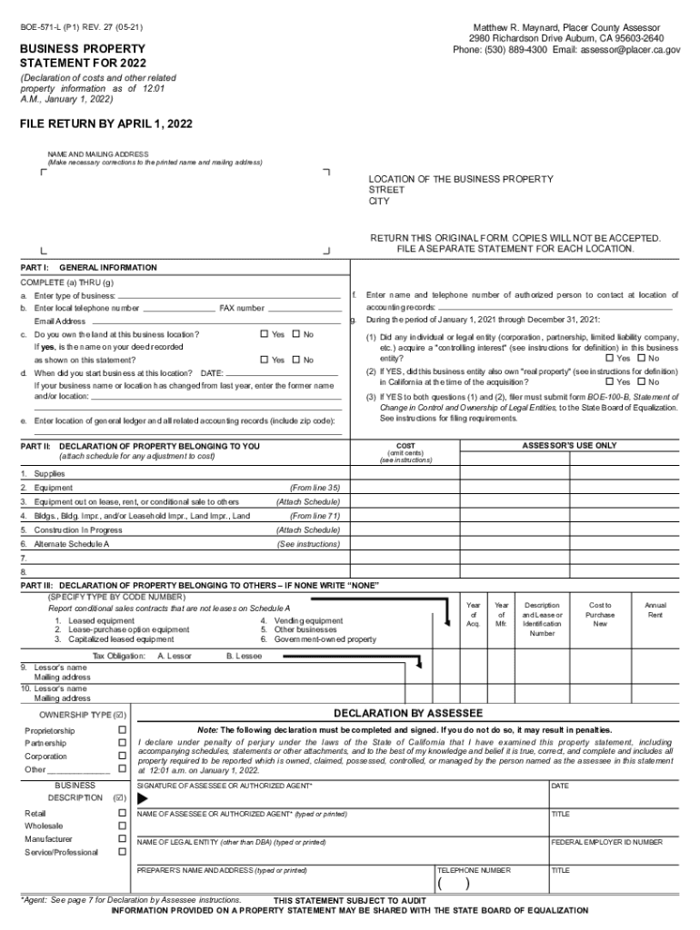 Business Property Statement BOE 571 L and BOE 571 D  Form