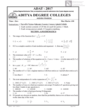 Aditya Admission Test Model Papers  Form