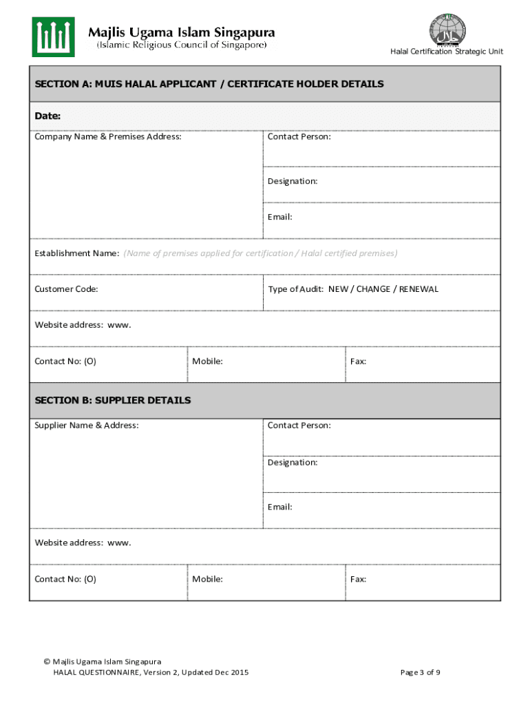 Halal Questionnaire  Form
