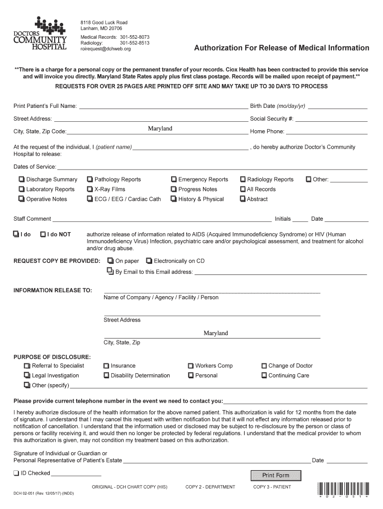  Patient Medical Record Doctors Community Hospital Lanham, MD 2017-2024