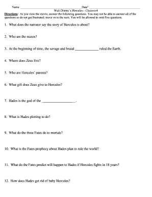 Walt Disney Hercules Classwork Answers  Form