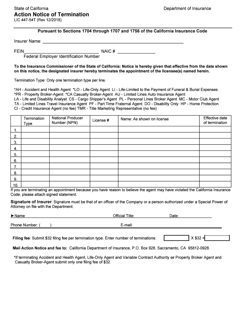 LIC 447 54T California Department of Insurance State of  Form