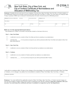  City of Yonkers Certificate of Nonresidence and 2018