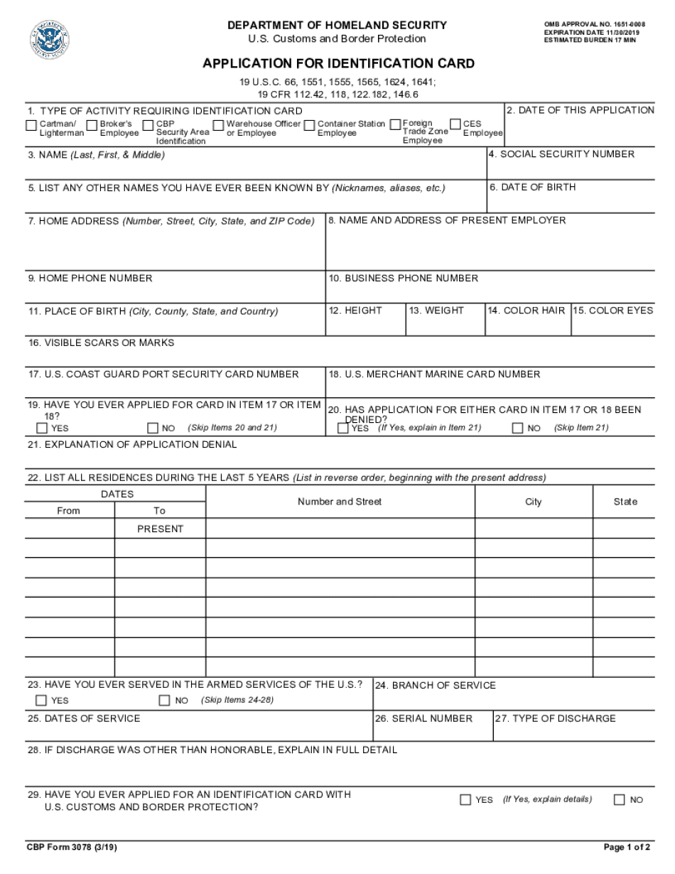  CBP Form 3078 Application for Identification Card 2019