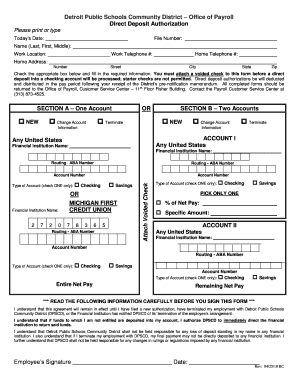 Direct Deposit Authorization Detroit Public Schools  Form