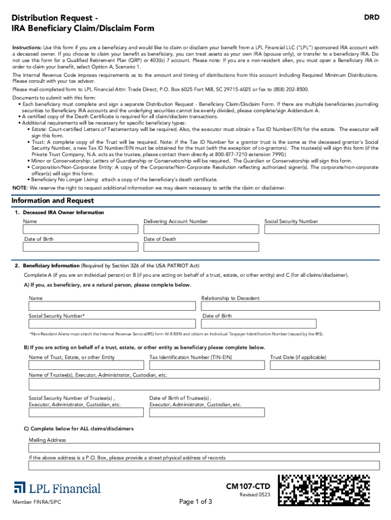 Distribution Request IRA Beneficiary ClaimDisclai  Form