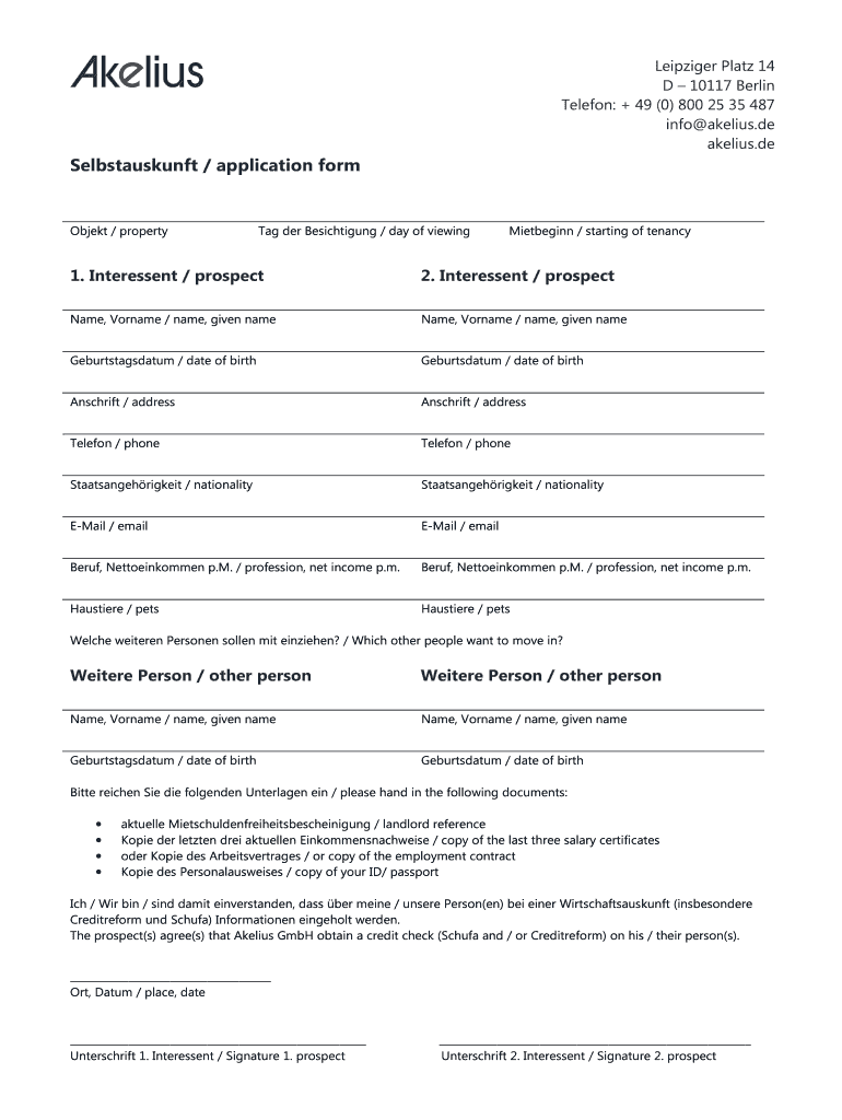 Akelius Selbstauskunft  Form