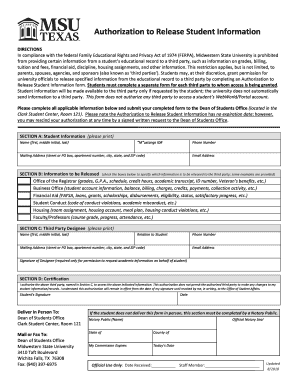  Authorization to Release Student Information Midwestern State 2018