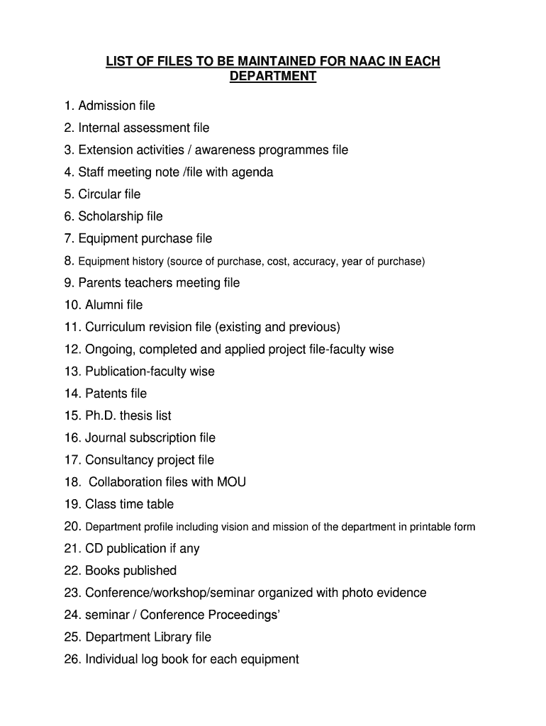 List of Files to Be Maintained for Naac in Each Department  Form